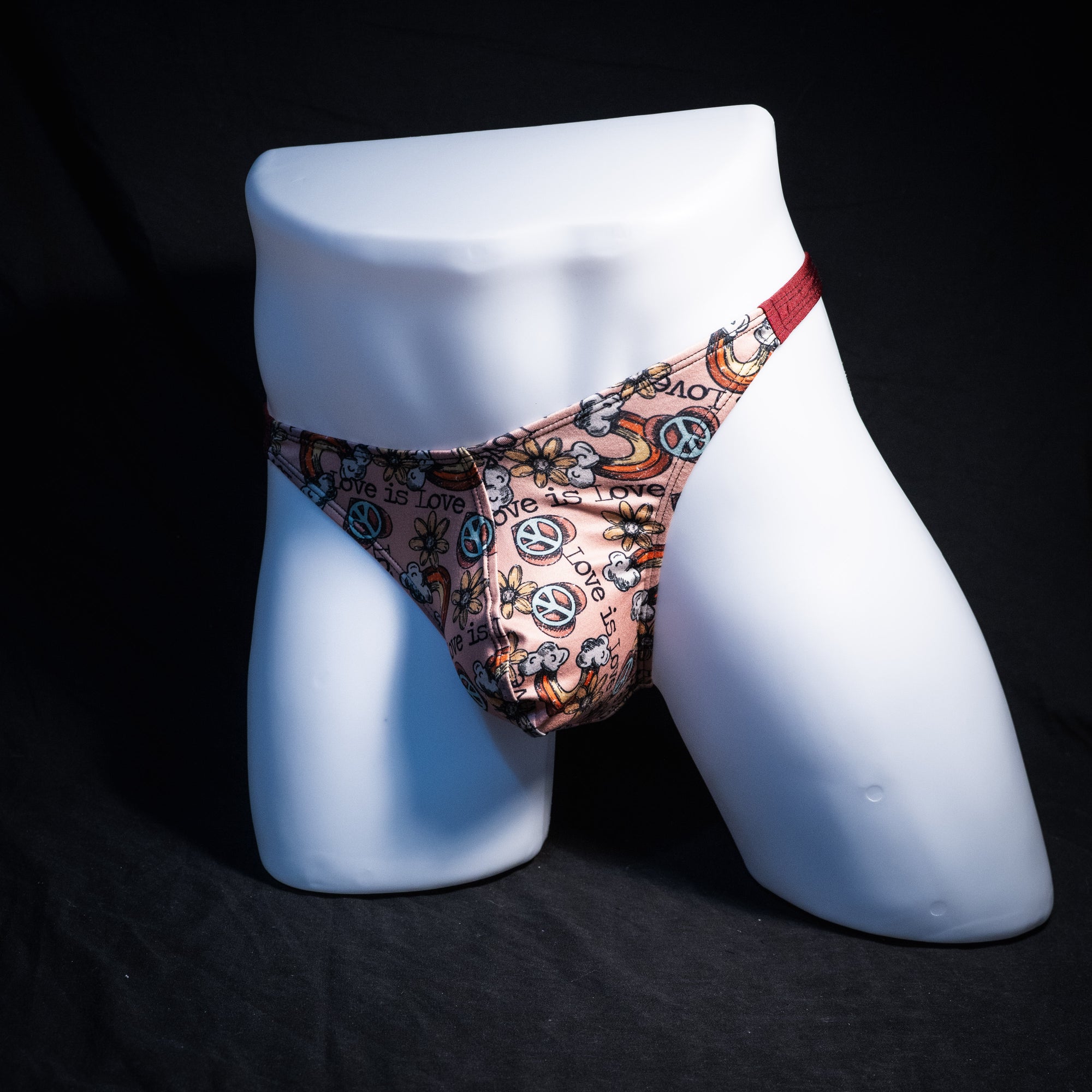 Men's gay pride thong underwear, classic cut, Full angled front view