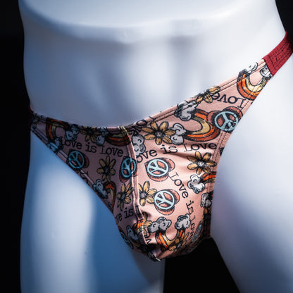Men's gay pride thong underwear, classic cut, Angled front view