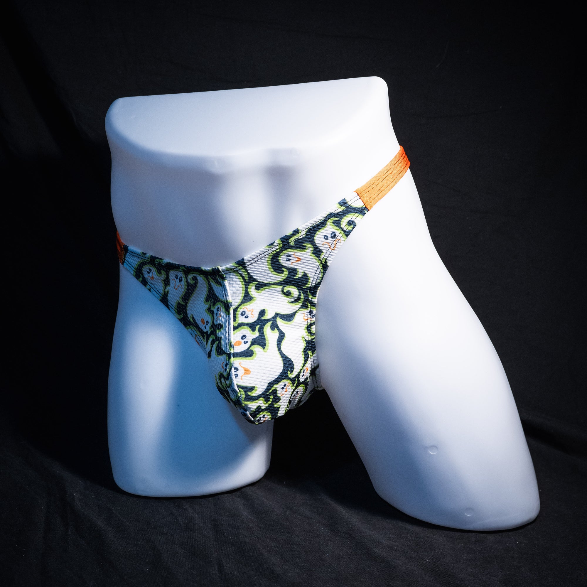 Men's Halloween ghosts Thong underwear, classic cut, Full front angled view