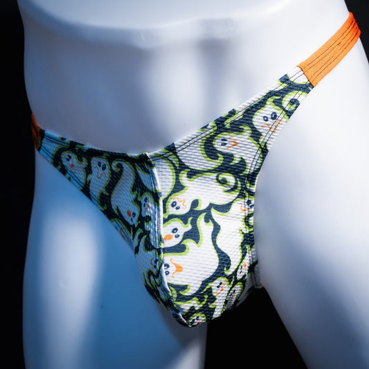 Men's Halloween ghosts Thong underwear, classic cut, Front angled view
