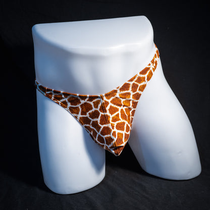 Men's giraffe print thong underwear, classic cut, front view.