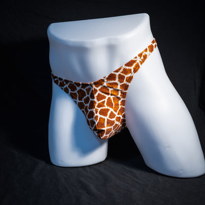 Men's giraffe print thong underwear, classic cut, front view.