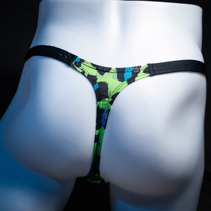 Men's Green and blue metallic cheetah thong underwear, classic cut, Rear view