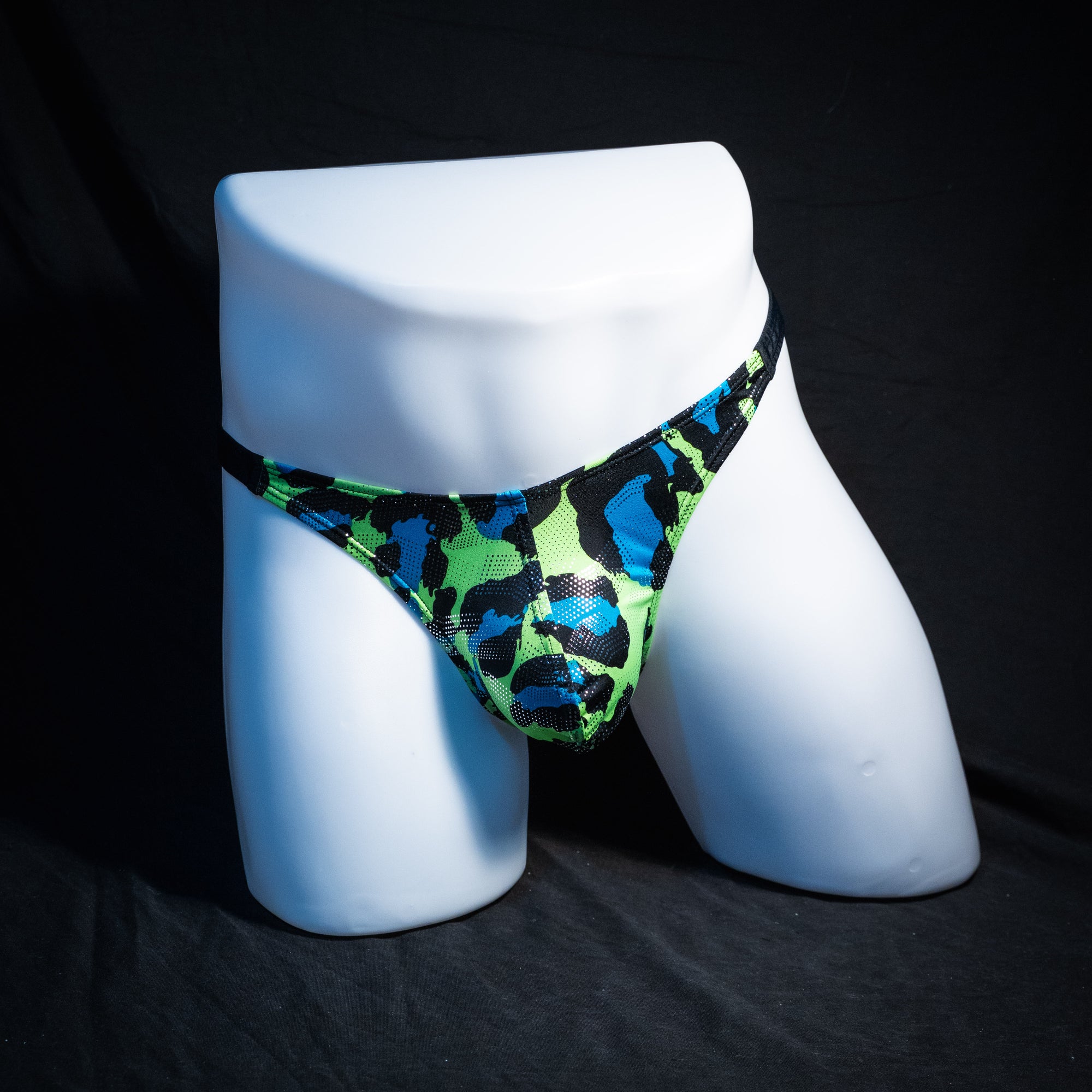 Men's Green and blue metallic cheetah thong underwear, classic cut, Front view