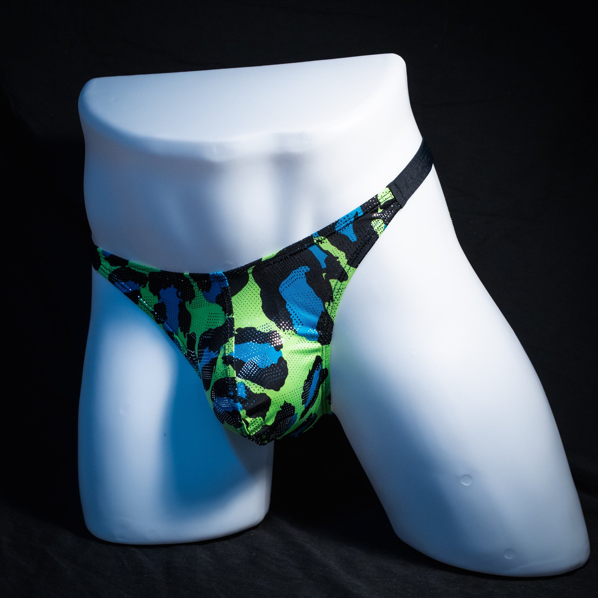 Men's Green and blue metallic cheetah thong underwear, classic cut, Full front angled