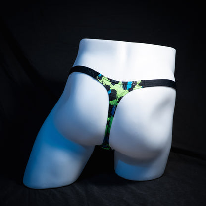 Men's Green and blue metallic cheetah thong underwear, classic cut, Full rear view