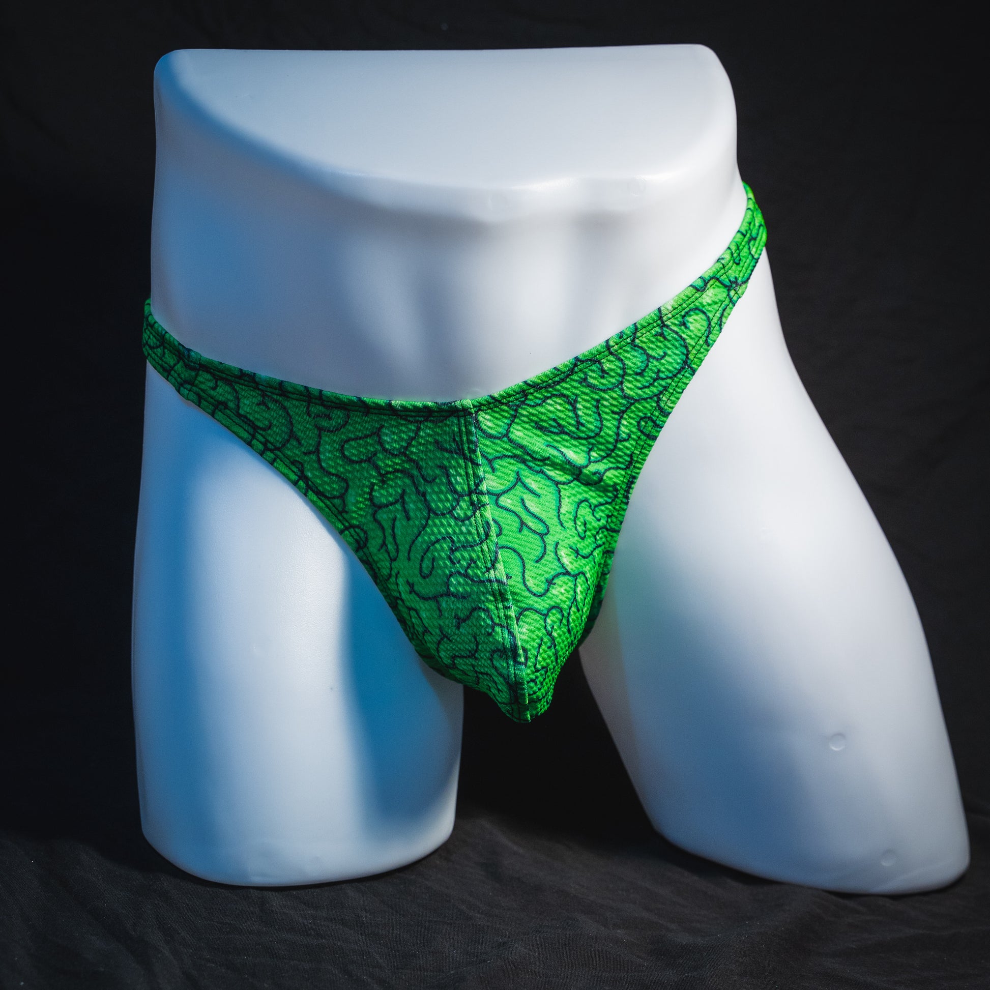 Men's green brains thong underwear, classic cut.