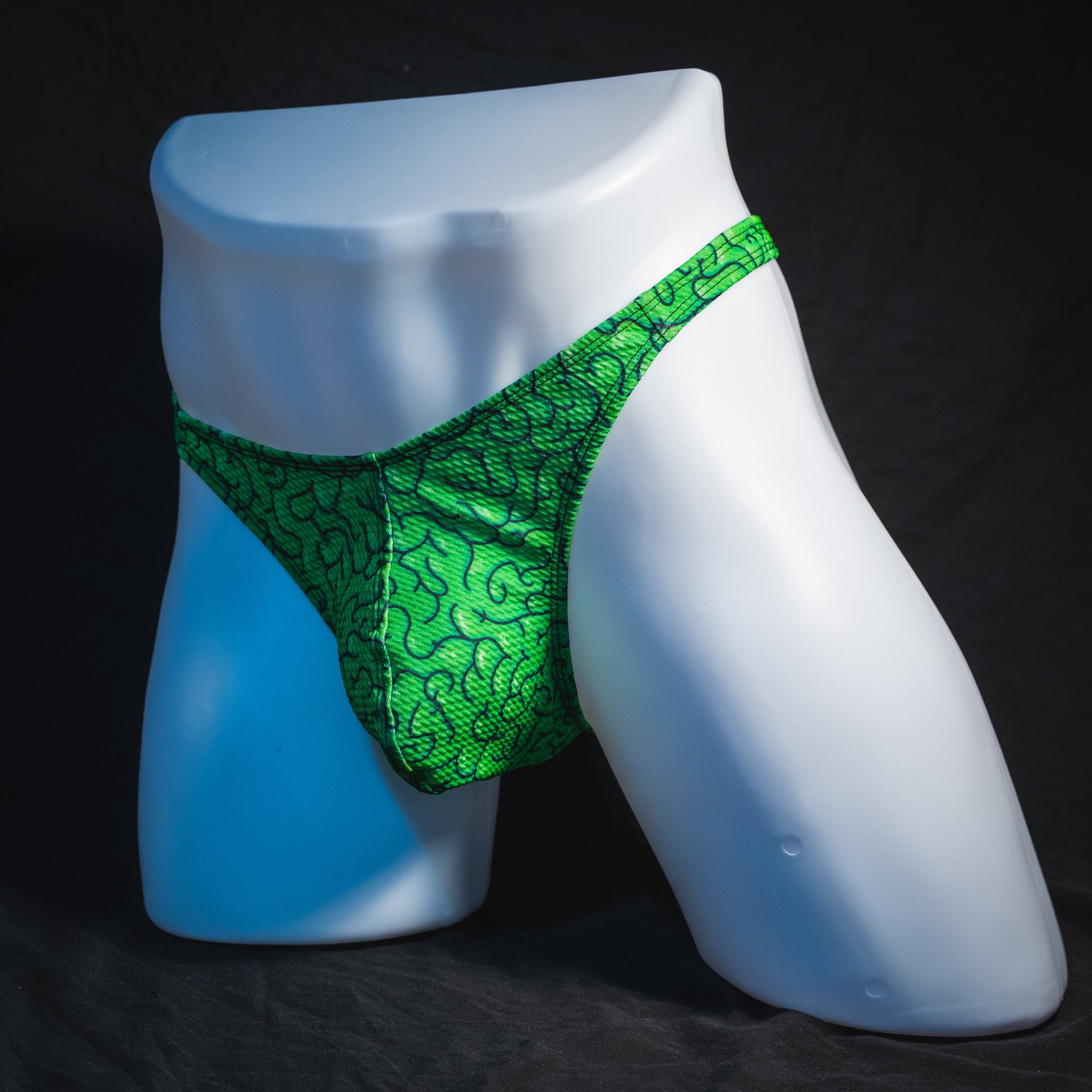 Men's green brains thong underwear, classic cut.