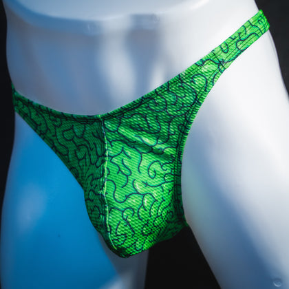 Men's green brains thong underwear, classic cut.