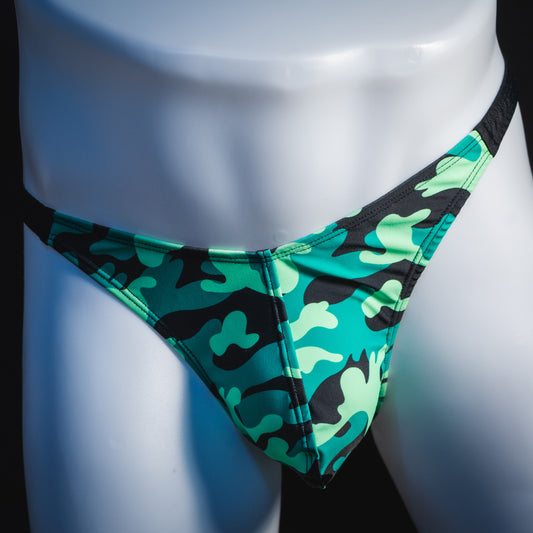 Men's green camo with black straps thong underwear, classic cut, front view.