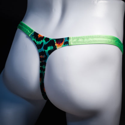 Men's green cheetah thong underwear, classic cut, rear view.