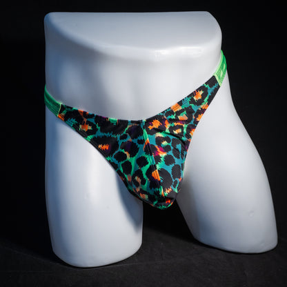 Men's green cheetah thong underwear, classic cut, front view.
