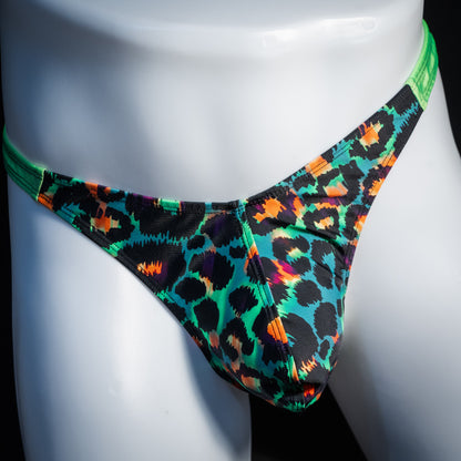 Men's green cheetah thong underwear, classic cut, front view.