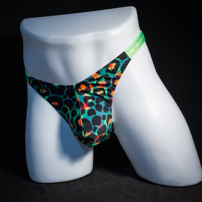 Men's green cheetah thong underwear, classic cut, front view.