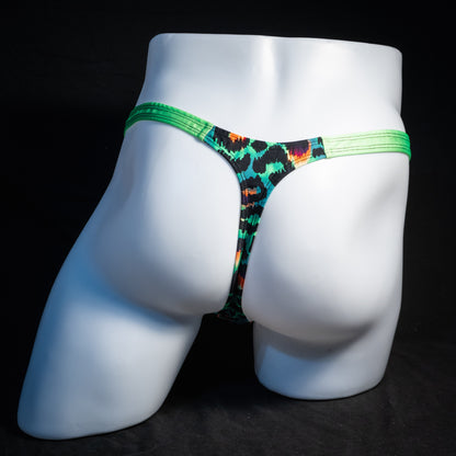 Men's green cheetah thong underwear, classic cut, rear view.