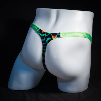 Men's green cheetah thong underwear, classic cut, rear view.