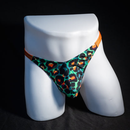 Men's green cheetah thong underwear, classic cut, front view.