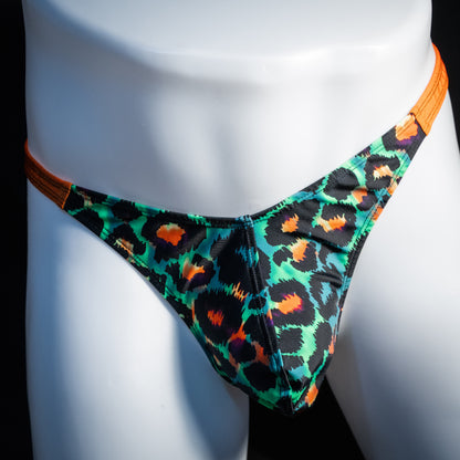Men's green cheetah thong underwear, classic cut, front view.