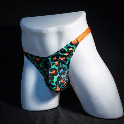 Men's green cheetah thong underwear, classic cut, front view.