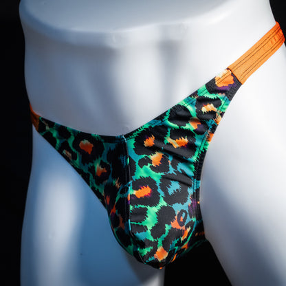 Men's green cheetah thong underwear, classic cut, front view.