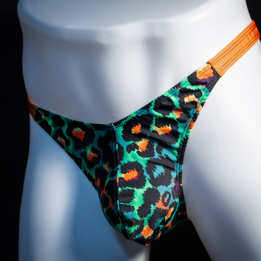 Men's green cheetah thong underwear, classic cut, front view.