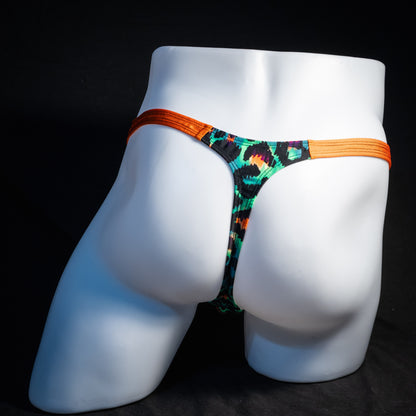 Men's green cheetah thong underwear, classic cut, rear view.