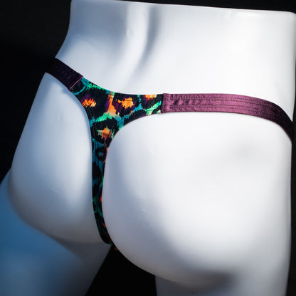 Men's green cheetah thong underwear, classic cut, rear view.