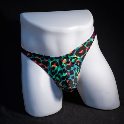 Men's green cheetah thong underwear, classic cut, front view.