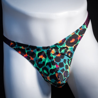 Men's green cheetah thong underwear, classic cut, front view.