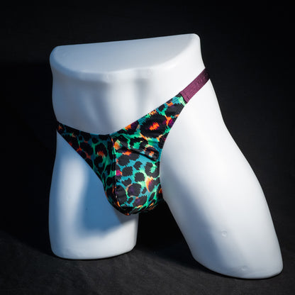 Men's green cheetah thong underwear, classic cut, front view.
