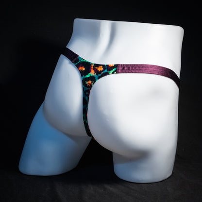 Men's green cheetah thong underwear, classic cut, rear view.