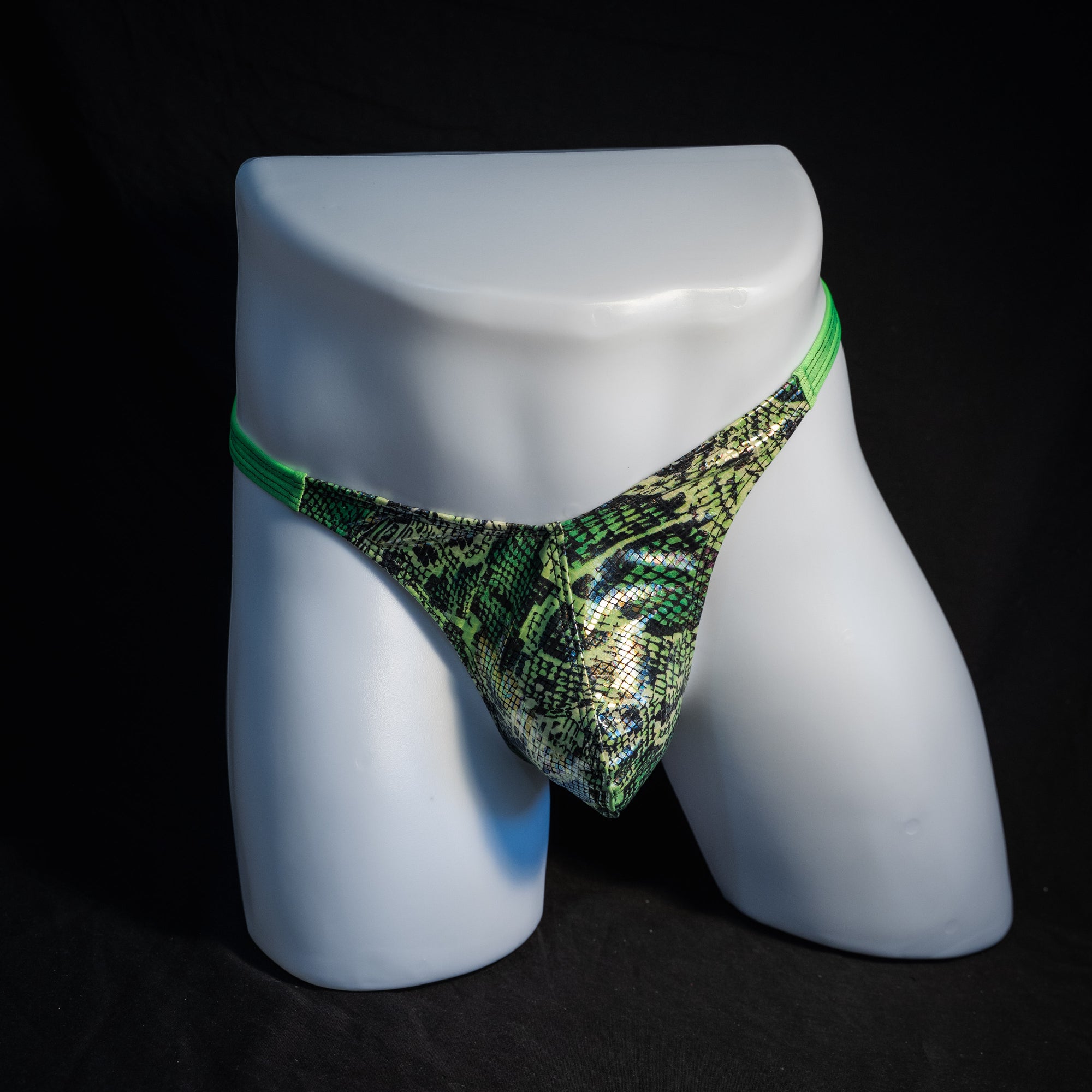 Men's green metallic snakeskin thong underwear, classic cut, front view.