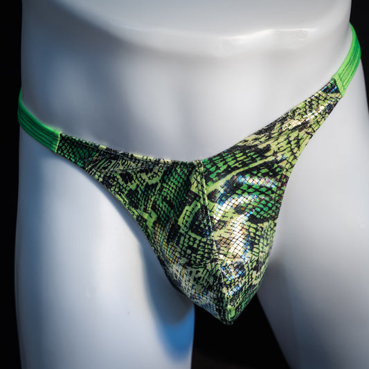 Men's green metallic snakeskin thong underwear, classic cut, front view.