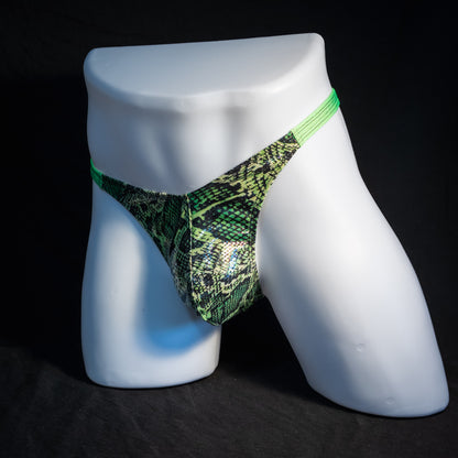 Men's green metallic snakeskin thong underwear, classic cut, front view.