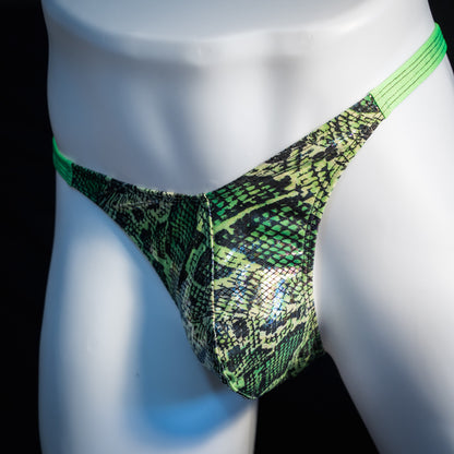 Men's green metallic snakeskin thong underwear, classic cut, front view.