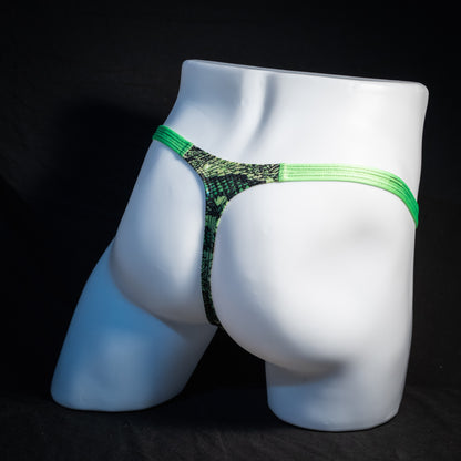 Men's green metallic snakeskin thong underwear, classic cut, rear view.