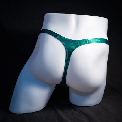 Men's green metallic thong underwear, classic cut, rear view.