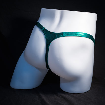 Men's green metallic thong underwear, classic cut, rear view.