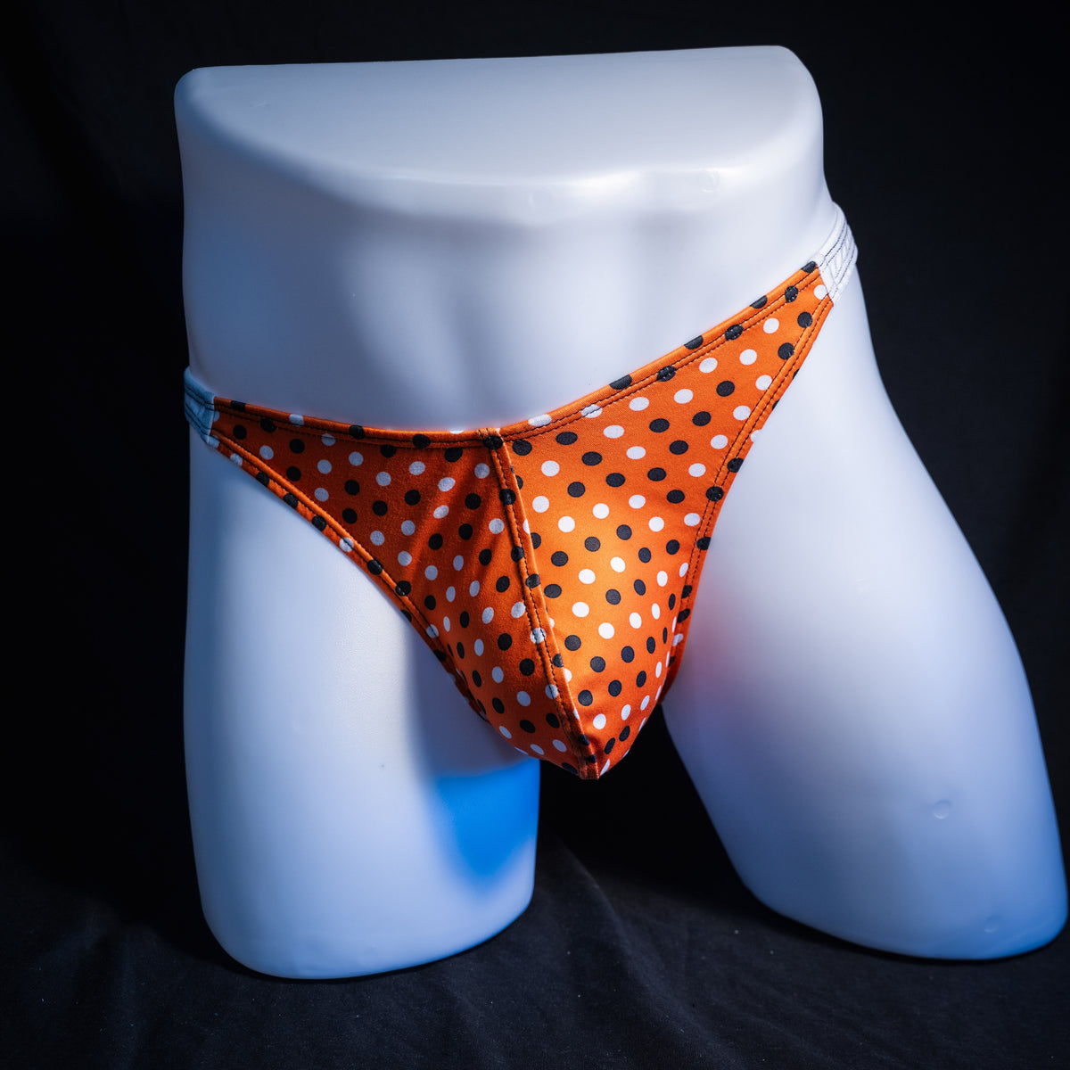 Men's Halloween polka dot thong underwear, classic cut, front view.