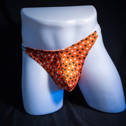 Men's Halloween polka dot thong underwear, classic cut, front view.