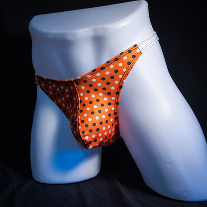 Men's Halloween polka dot thong underwear, classic cut, front view.
