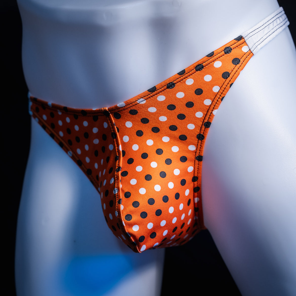 Men's Halloween polka dot thong underwear, classic cut, front view.