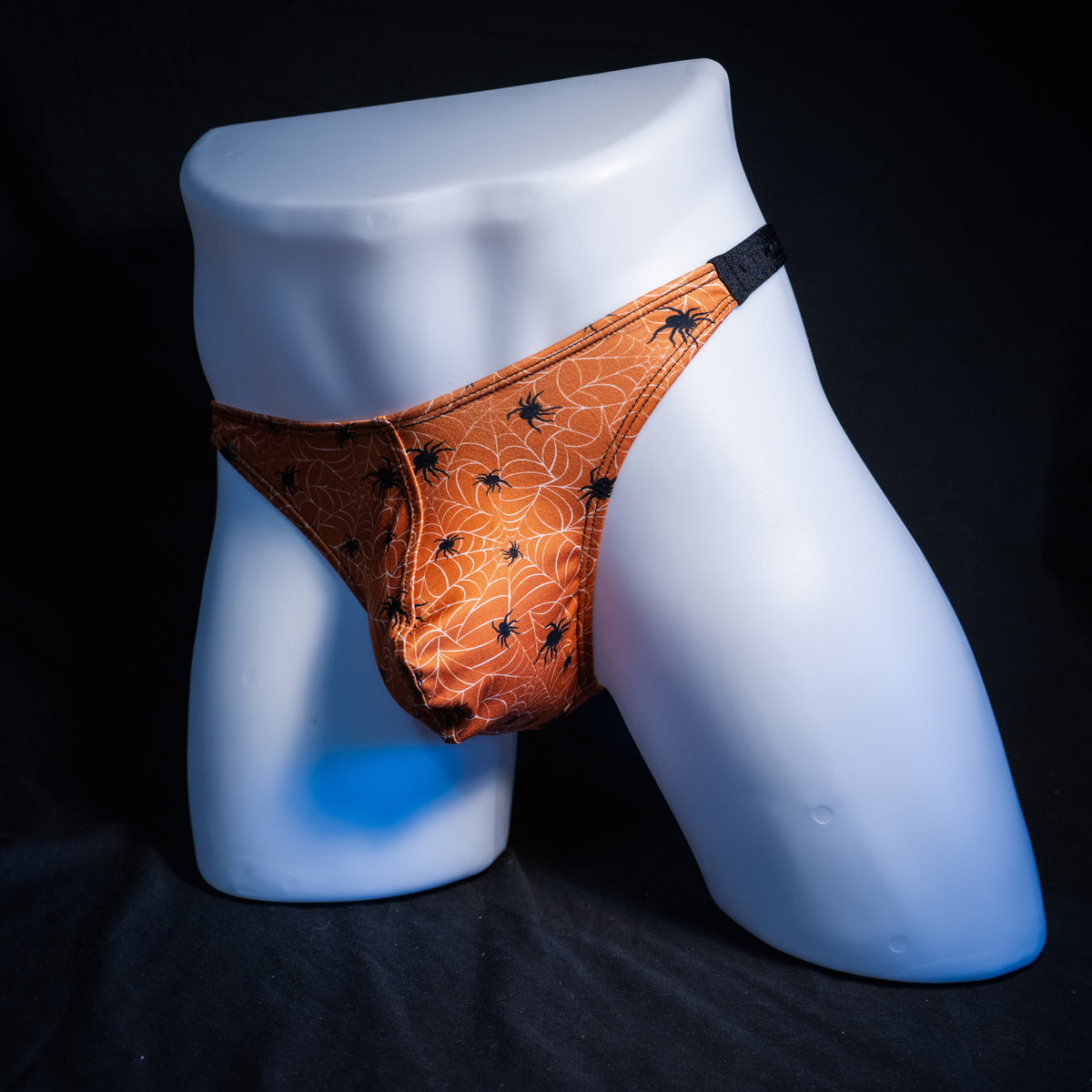 Men's Halloween spider webbed themed thong underwear, classic cut, front view.
