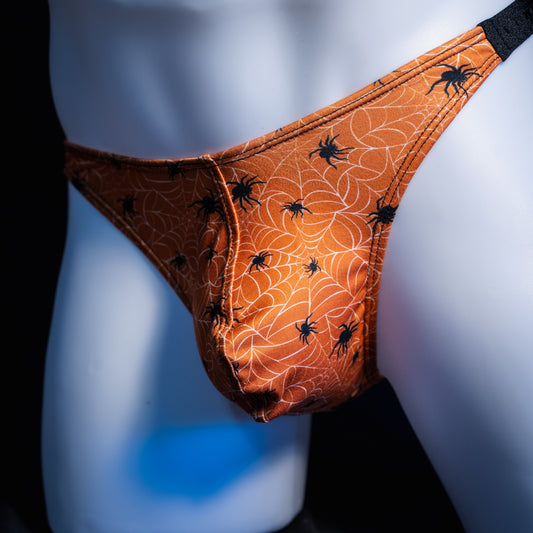 Men's Halloween spider webbed themed thong underwear, classic cut, front view.