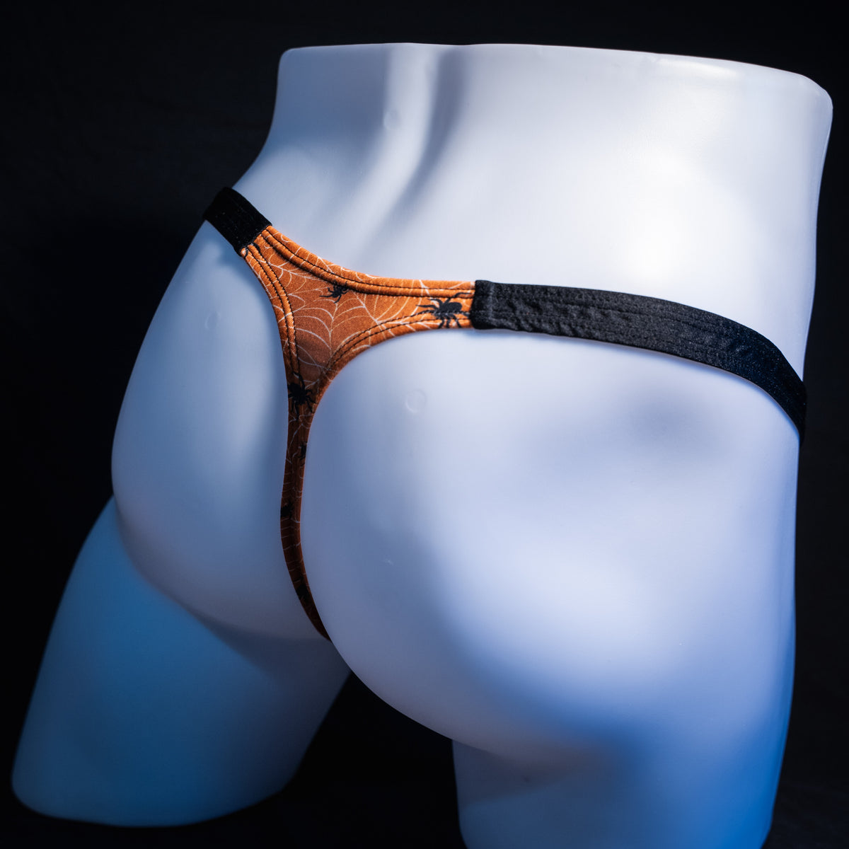 Men's Halloween spider webbed themed thong underwear, classic cut, rear view.