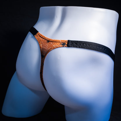 Men's Halloween spider webbed themed thong underwear, classic cut, rear view.