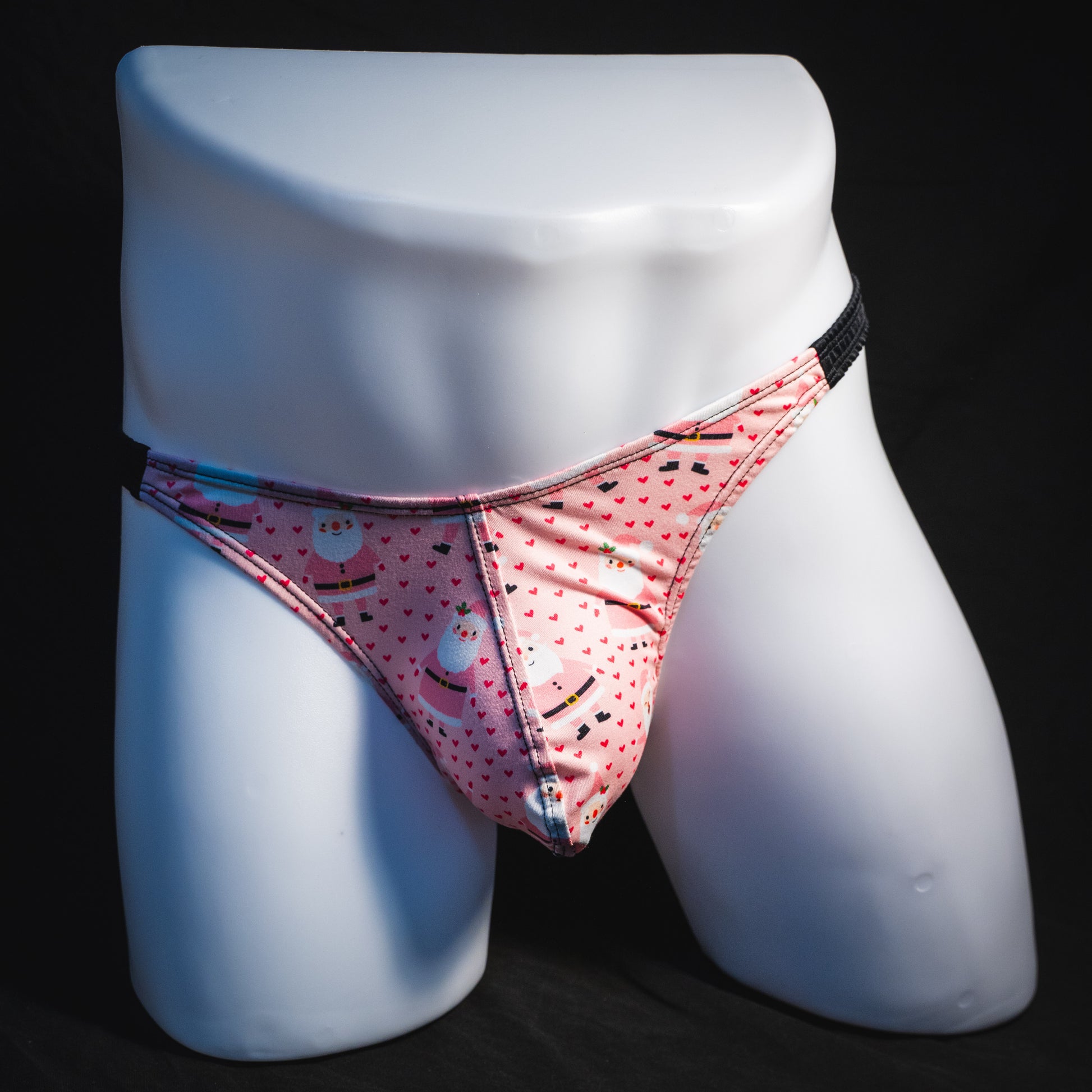 Men's happy Santa's thong underwear, classic cut, full front view.