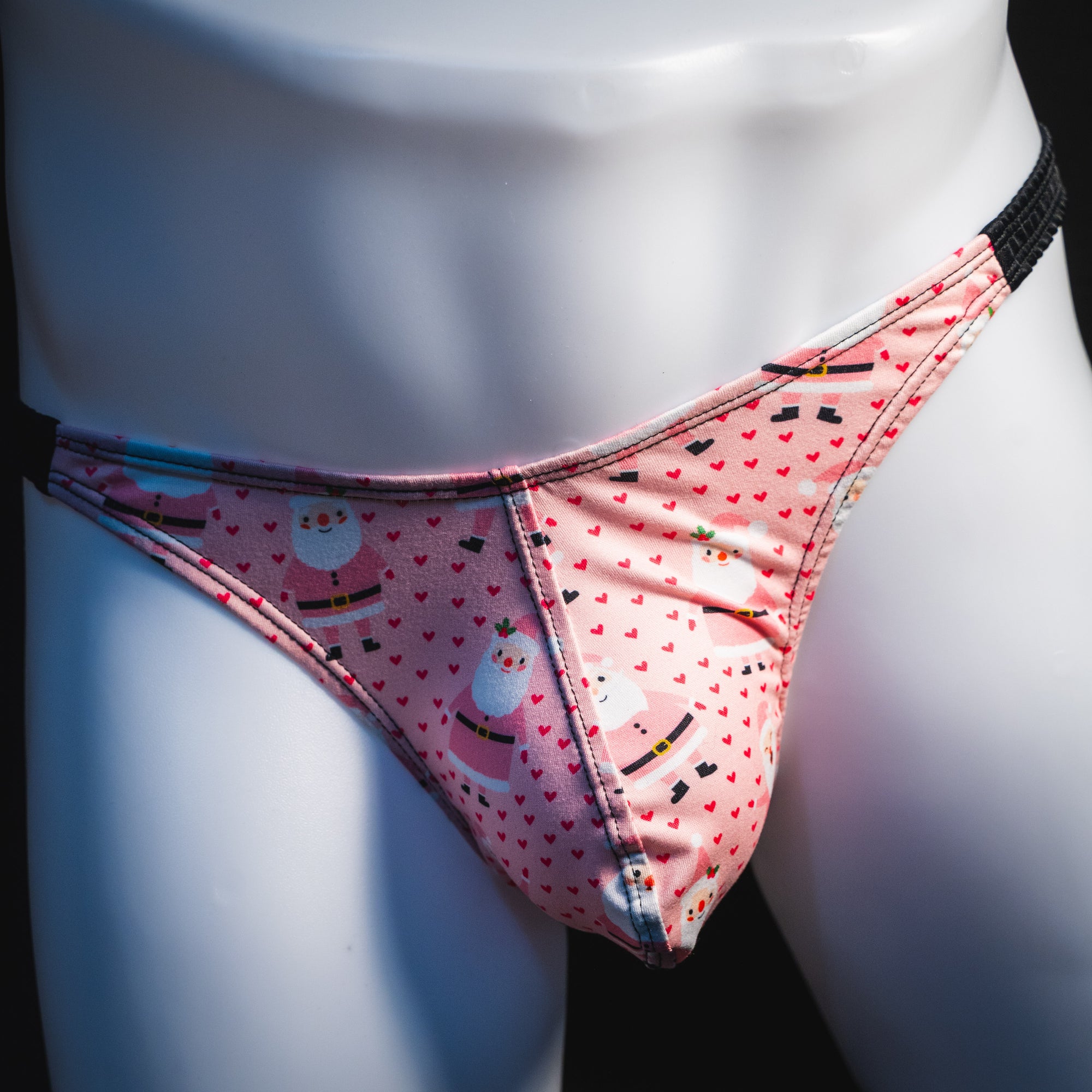 Men's happy Santa's thong underwear, classic cut, front view.