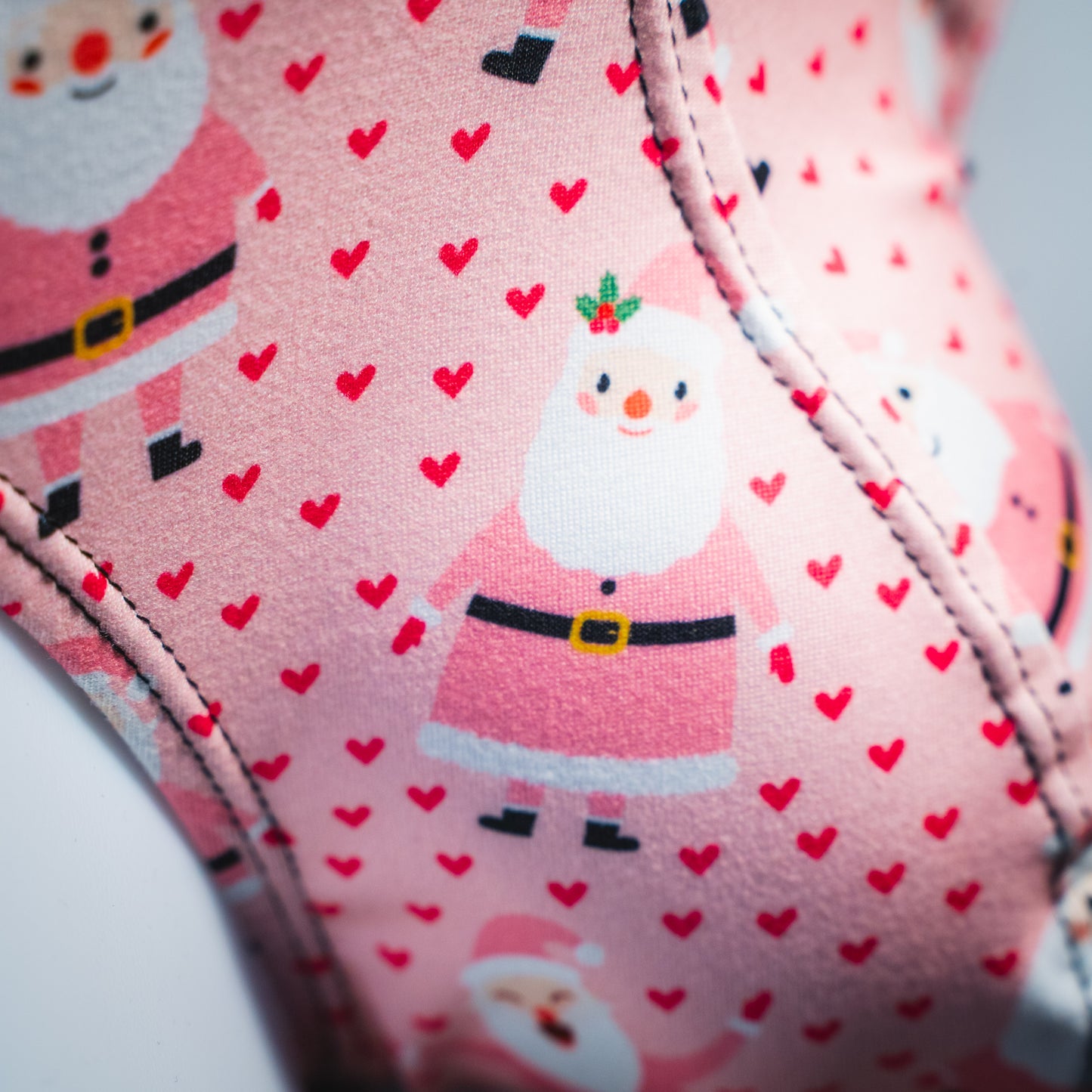 Men's happy Santa's thong underwear, classic cut, closeup detail.