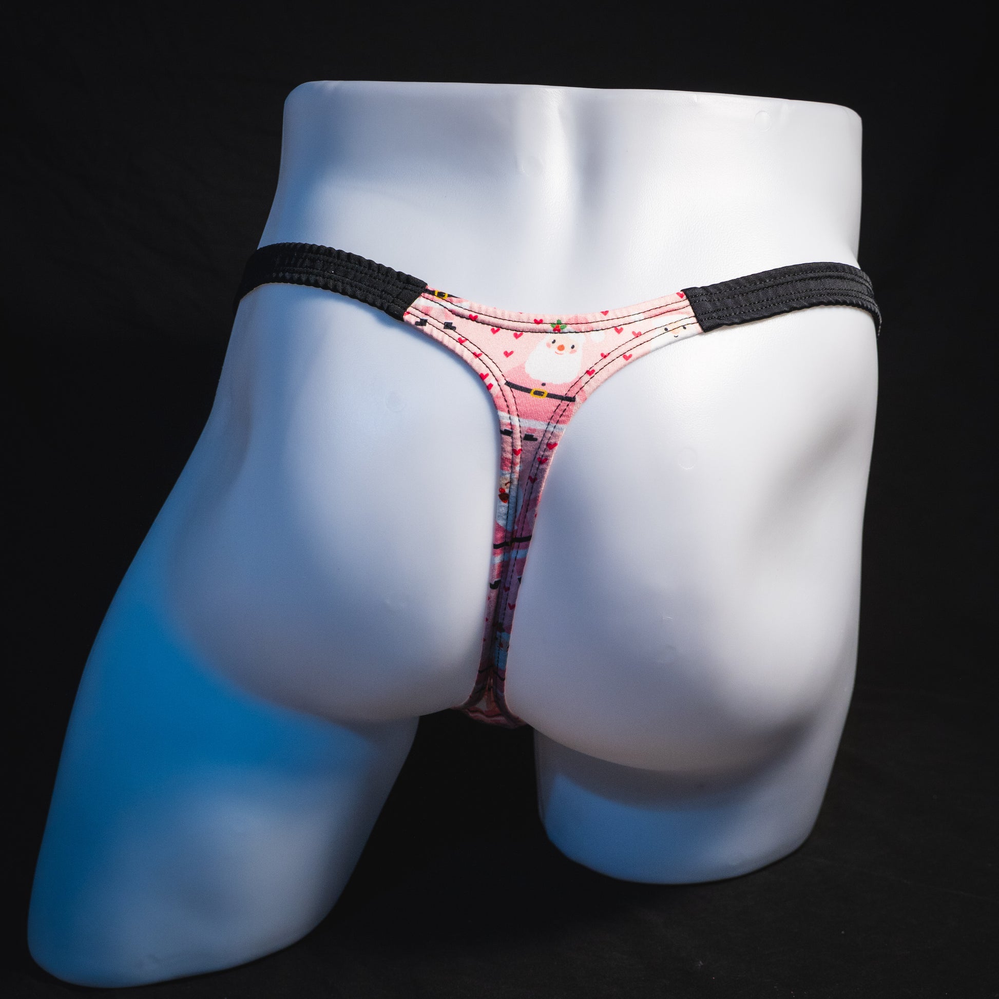 Men's happy Santa's thong underwear, classic cut, full rear view.